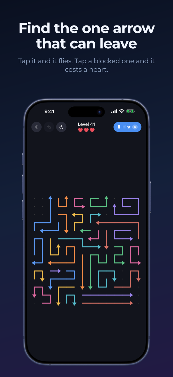 Arrow Ark gameplay: a hard puzzle board of coloured arrows on a dark grid