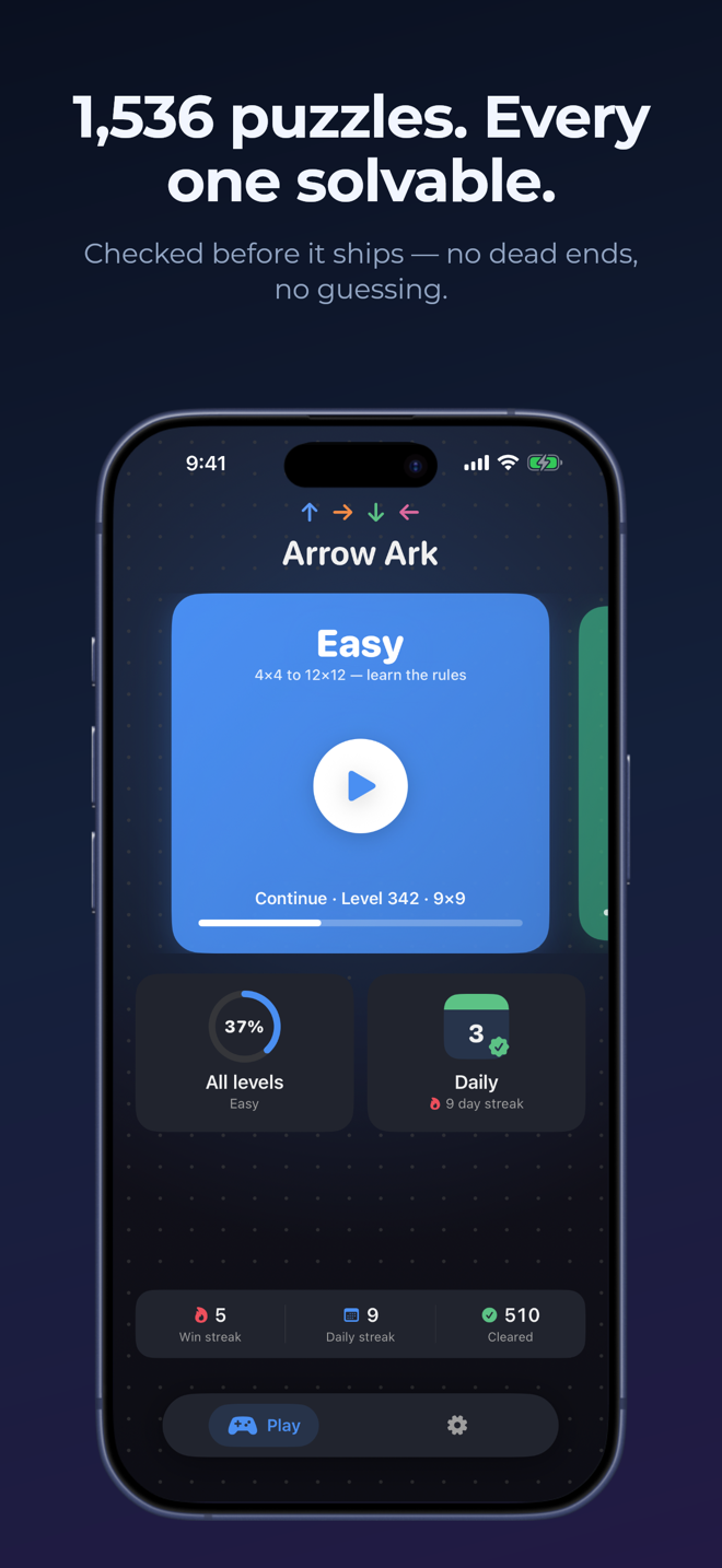 Arrow Ark home screen with Easy, Medium, Hard, Animals, and Daily modes
