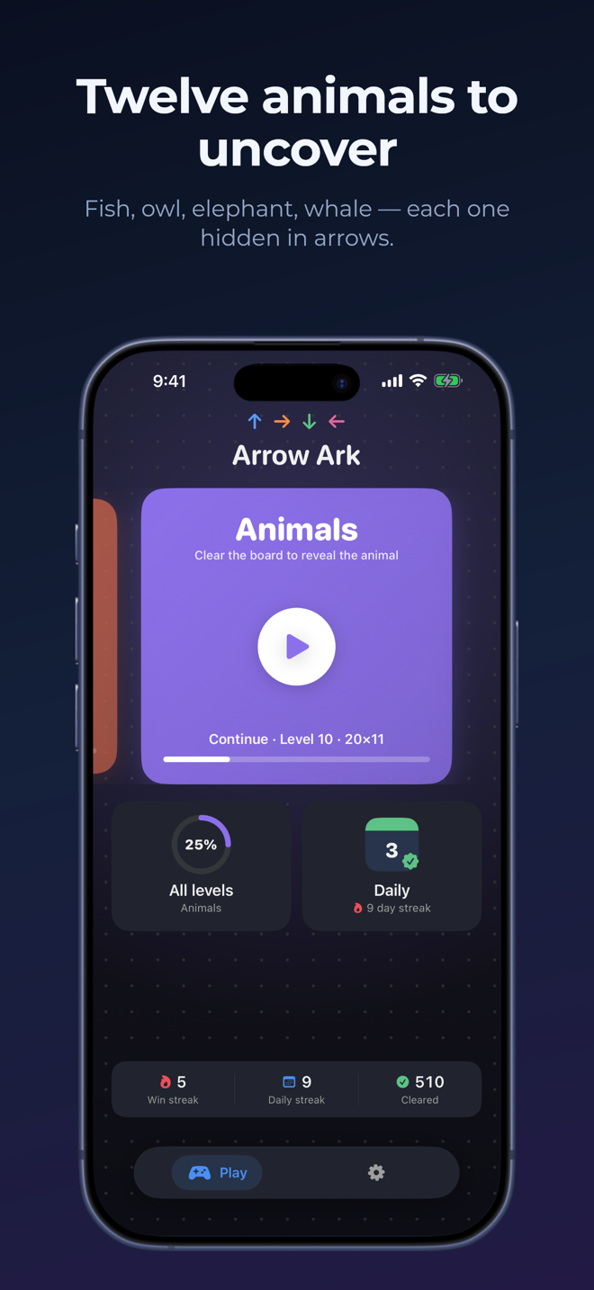 Arrow Ark Animals mode card showing a hidden animal silhouette made of arrows